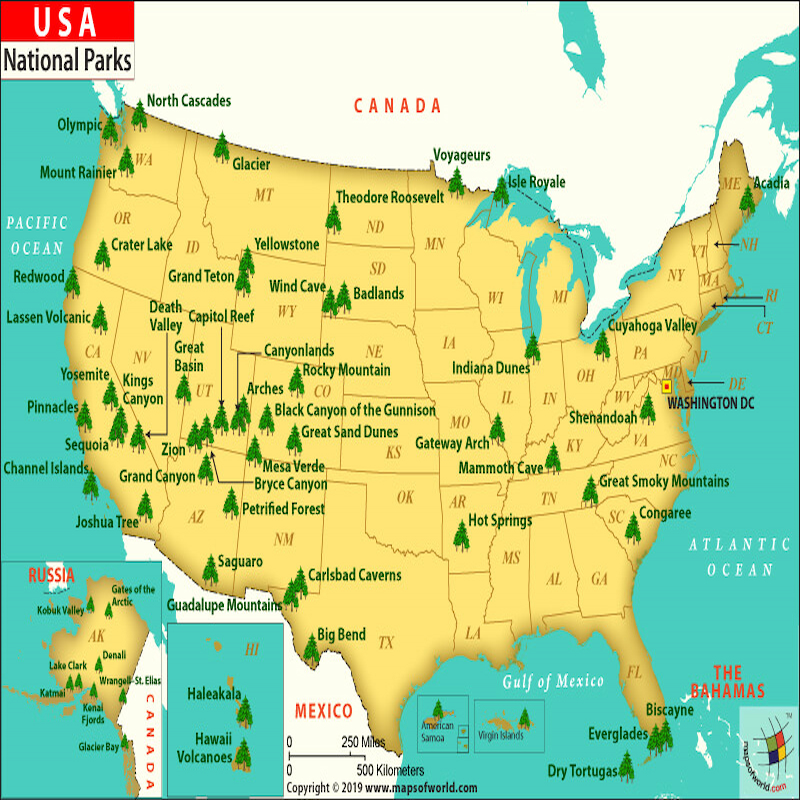 U.S map with tourist attractions, National Parks, and Natural Wonders